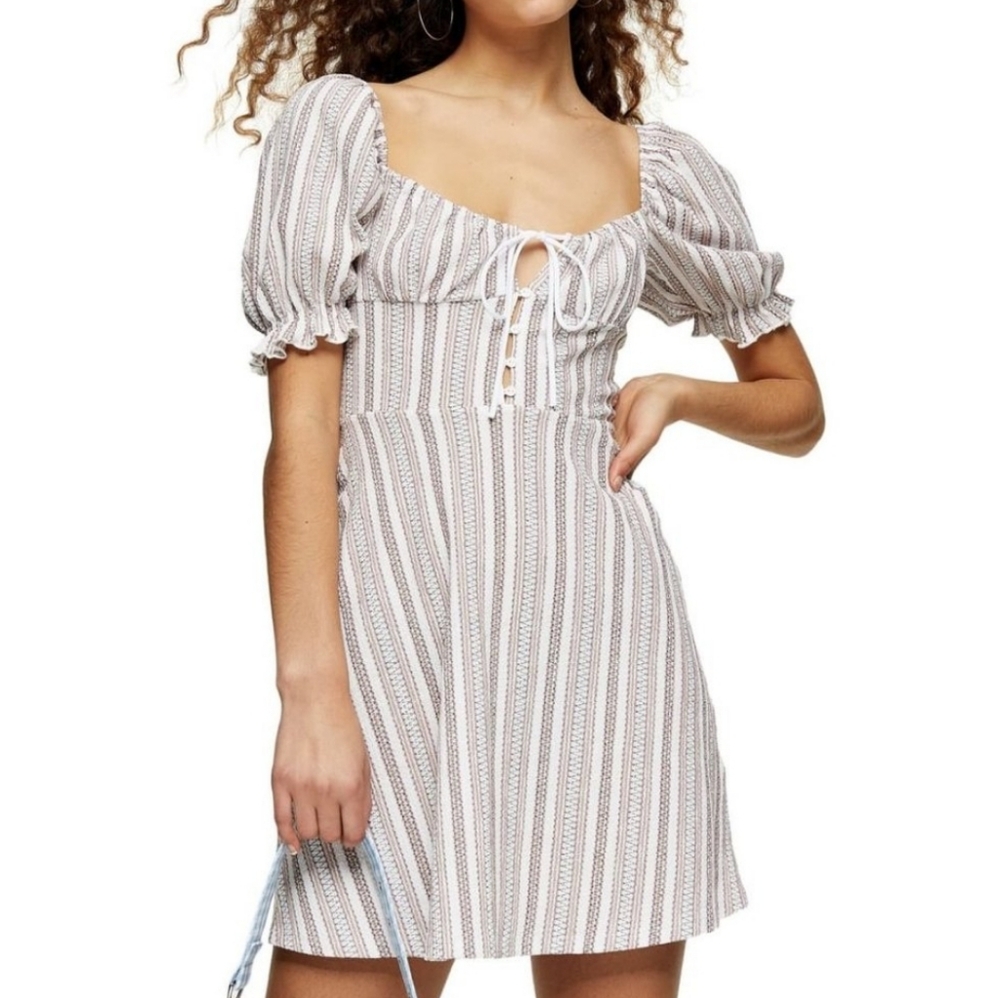 Topshop Bell Sleeve Dress Textured Stripes Size 10 Tie Front